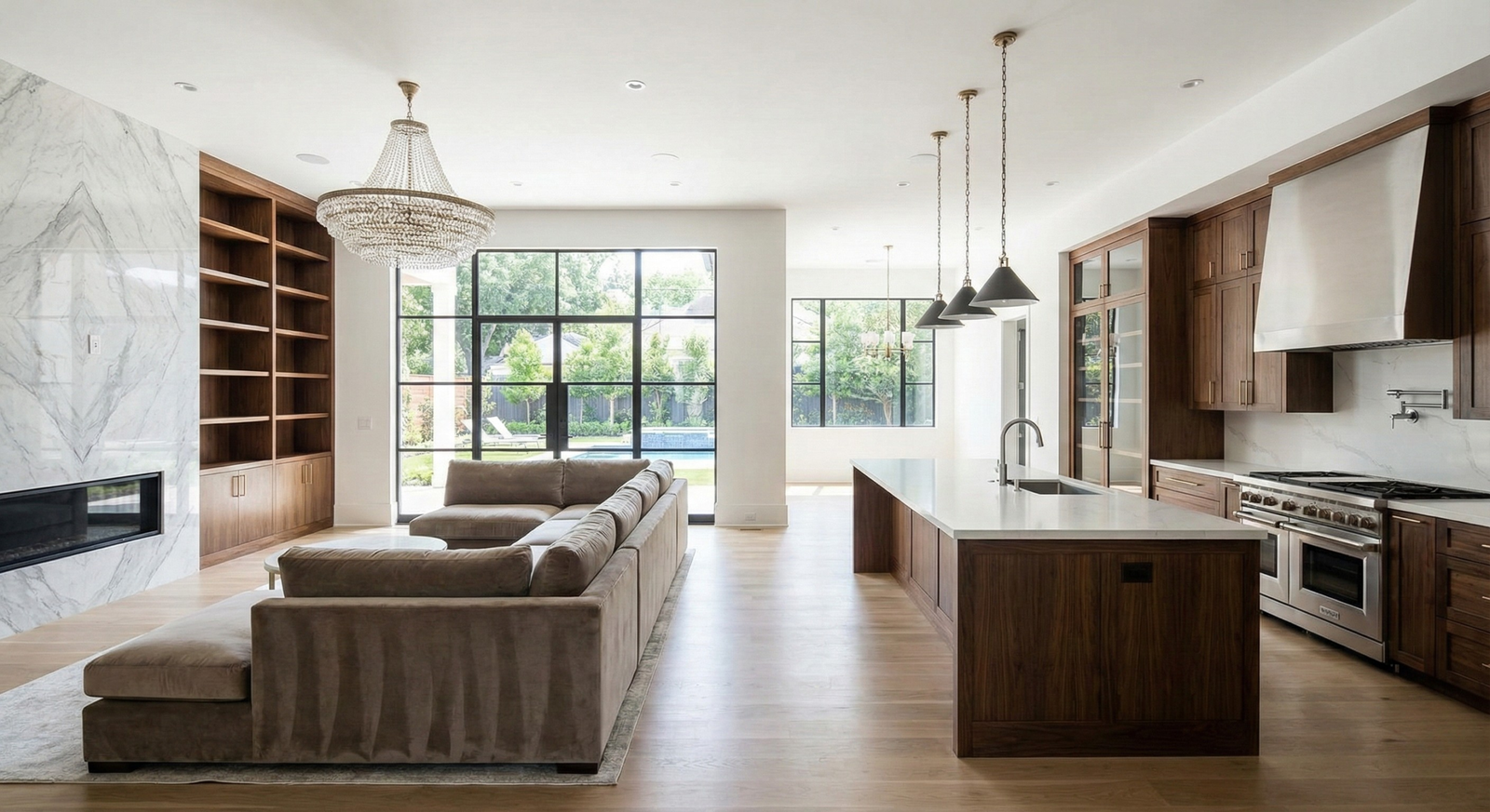 house luxury style after Full Home living room and kitchen Renovation