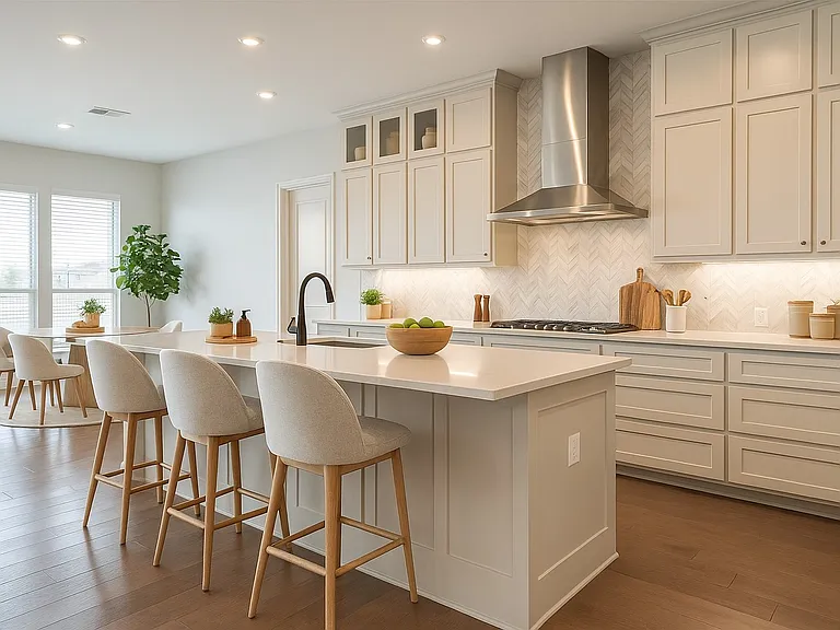 White kitchen remodel with island bar seating and stainless hood in Allen TX by UHS Remodeling
