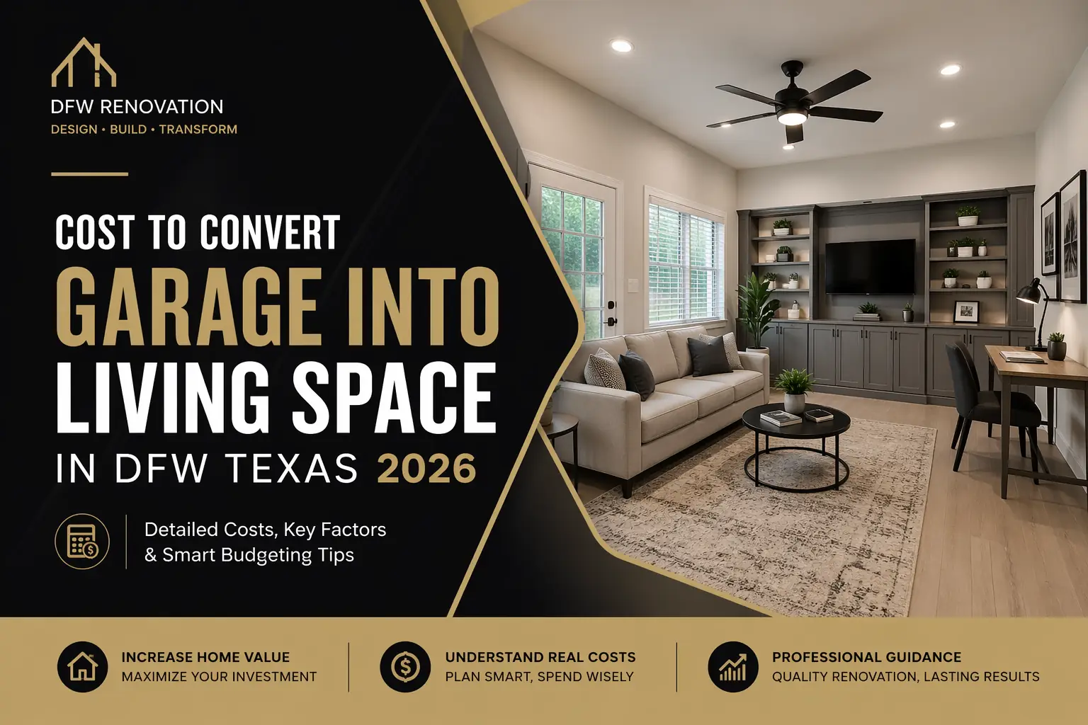 Attached garage converted into finished living space in DFW by UHS Remodeling