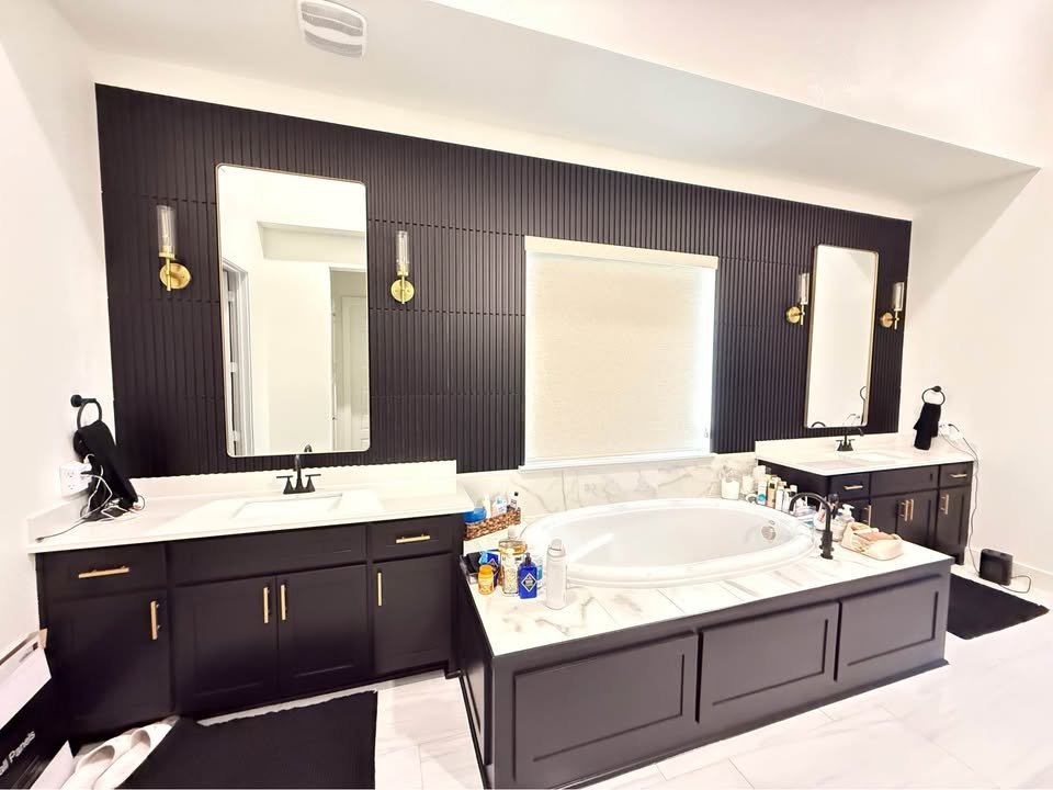 New primary bath with dual vanities and drop-in tub - Plano TX home addition