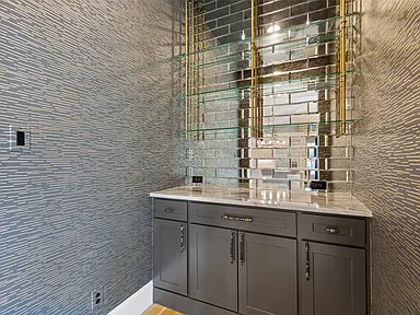 Dramatic dark powder room wave tile University Park TX