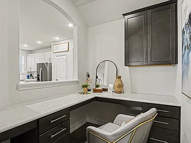 Built-in office nook with dark cabinets and quartz counter in Wylie TX by UHS Remodeling