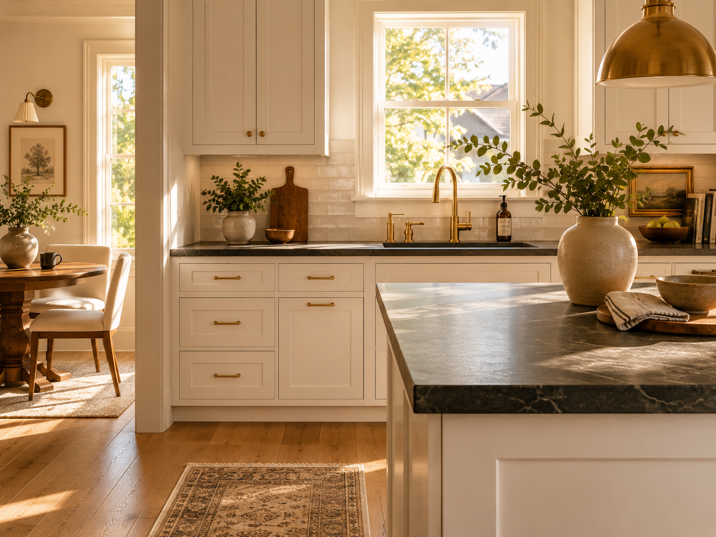 Personal-loan-financed Plano kitchen with cream cabinets, brass pendant, breakfast nook