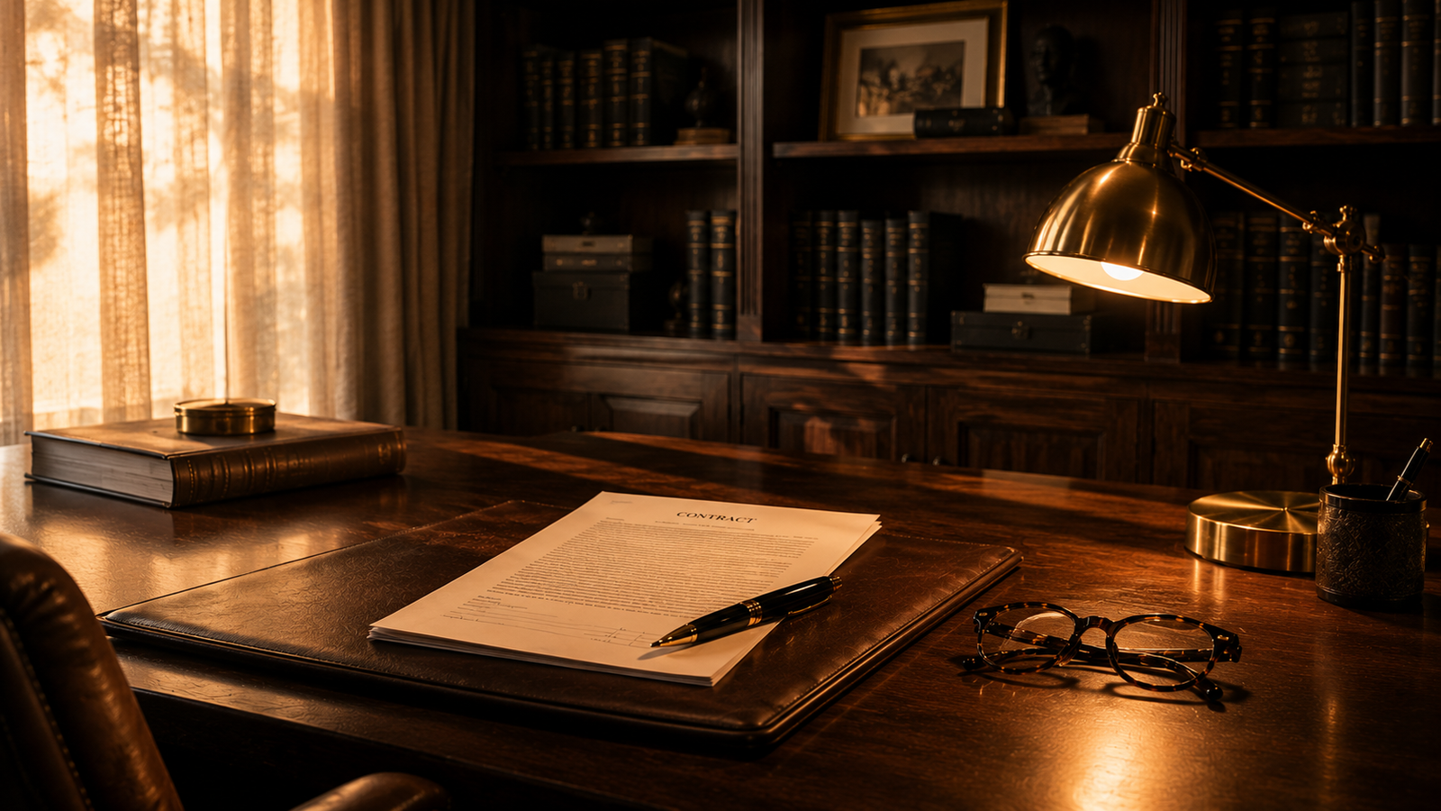 Plano luxury home study with remodeling contract on walnut desk at golden hour