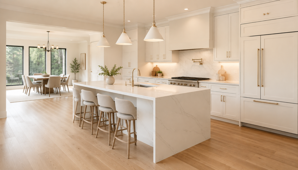 Luxury Plano TX kitchen remodel with white shaker cabinets and marble waterfall island by UHS Remodeling