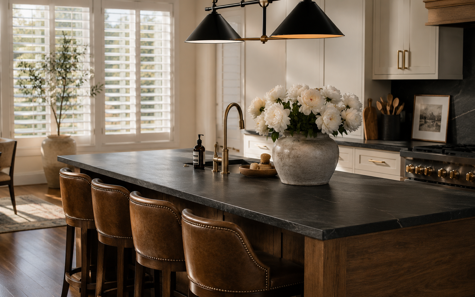 Plano TX kitchen island with leather stools and soapstone countertop