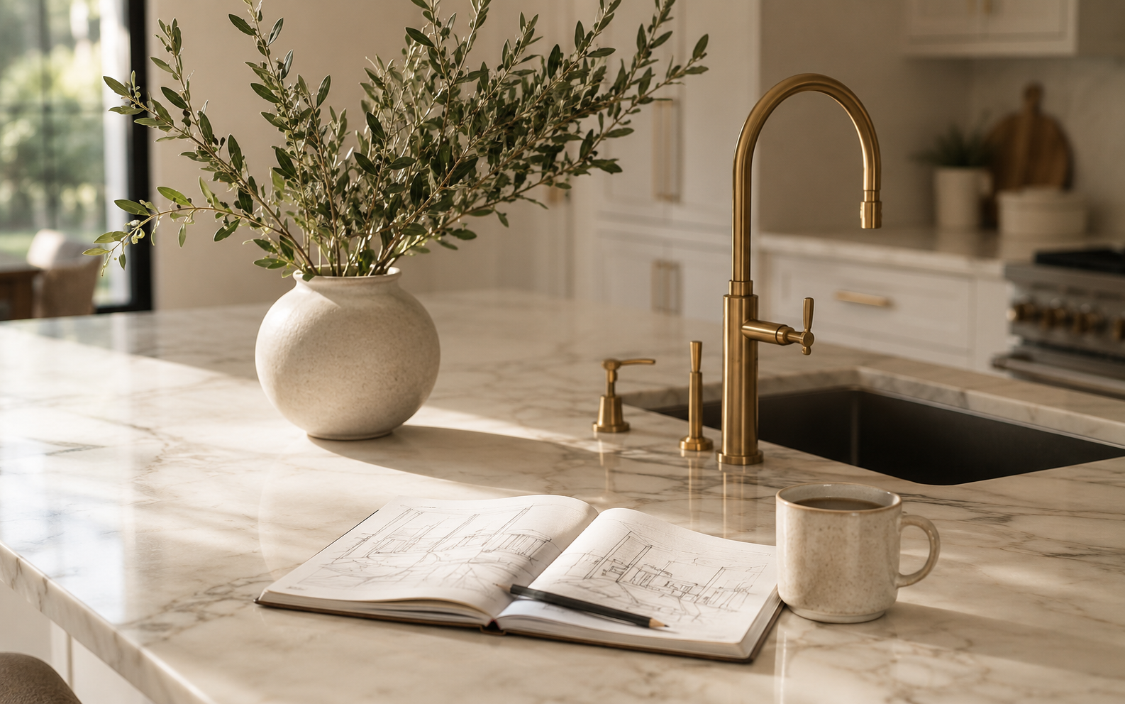 Plano kitchen marble countertop close-up with brass faucet