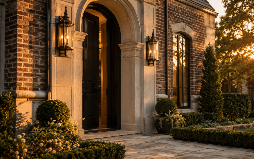Luxury Plano TX home exterior with brick facade, limestone trim and black front door at golden hour