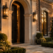 Luxury Plano TX home exterior with brick facade, limestone trim and black front door at golden hour