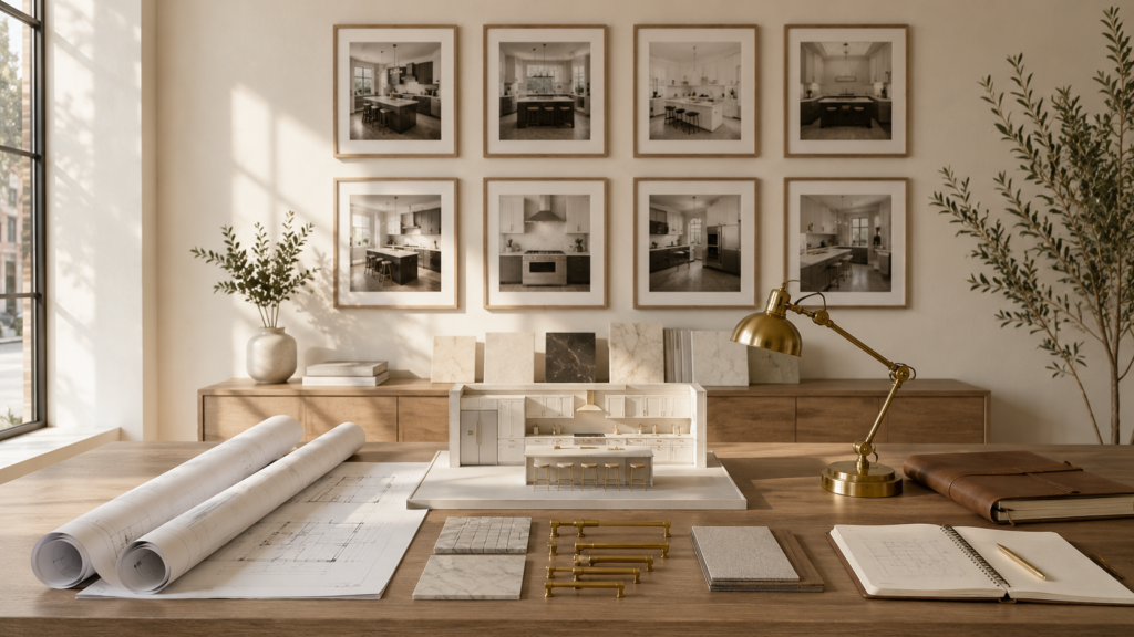 UHS Remodeling design consultation studio with blueprints, kitchen design model and material samples