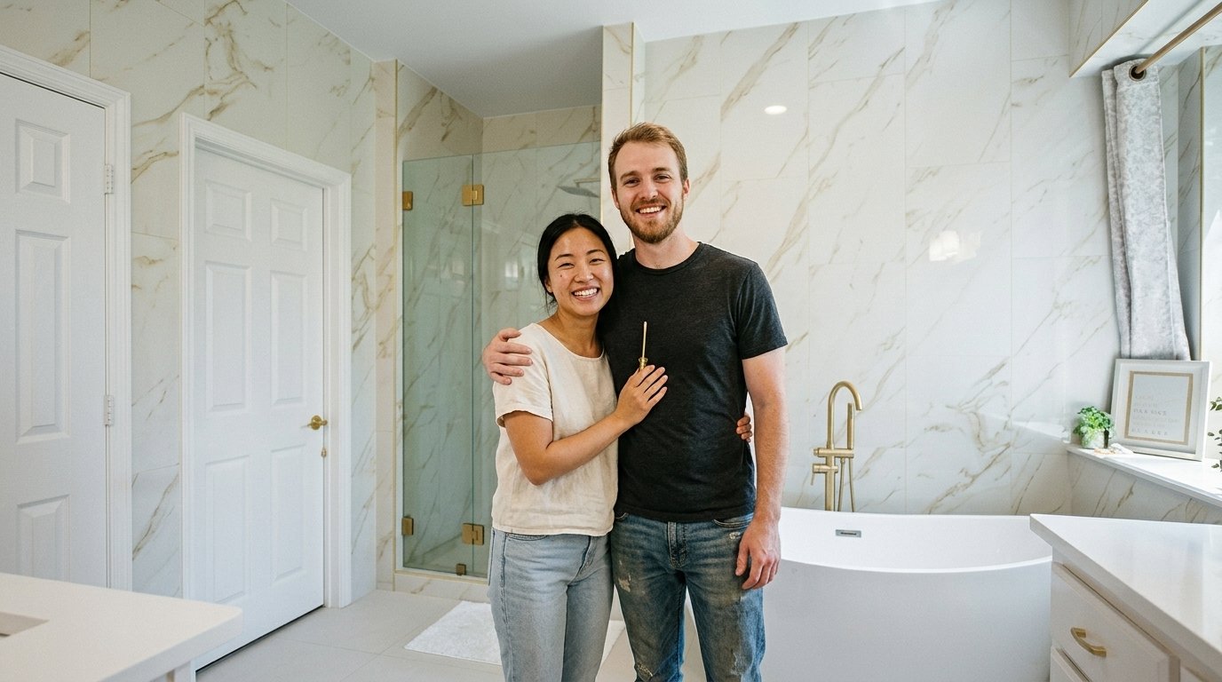 Calacatta marble master bathroom remodel with a freestanding tub and brass floor-mount tub filler in Dallas-Fort Worth by UHS Remodeling