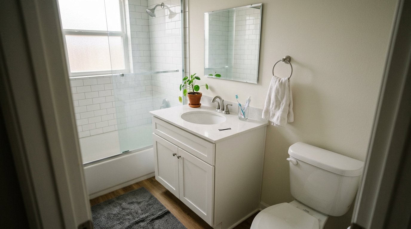 Compact hall bathroom remodel with a white shaker vanity, quartz counter, and subway-tile tub surround