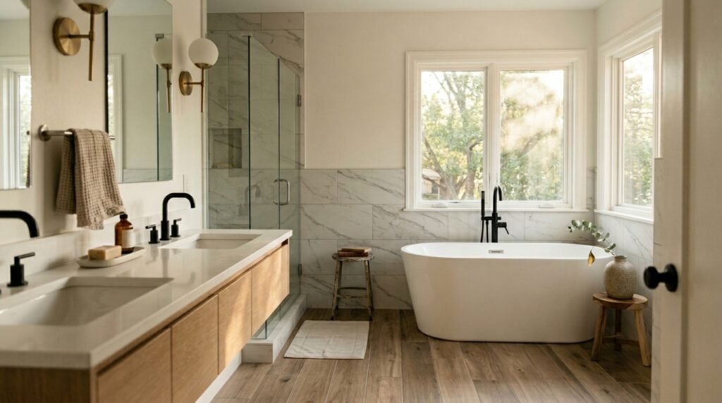Finished primary bathroom remodel in DFW with a double white-oak vanity, freestanding tub, and walk-in glass shower