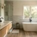 Finished primary bathroom remodel in DFW with a double white-oak vanity, freestanding tub, and walk-in glass shower