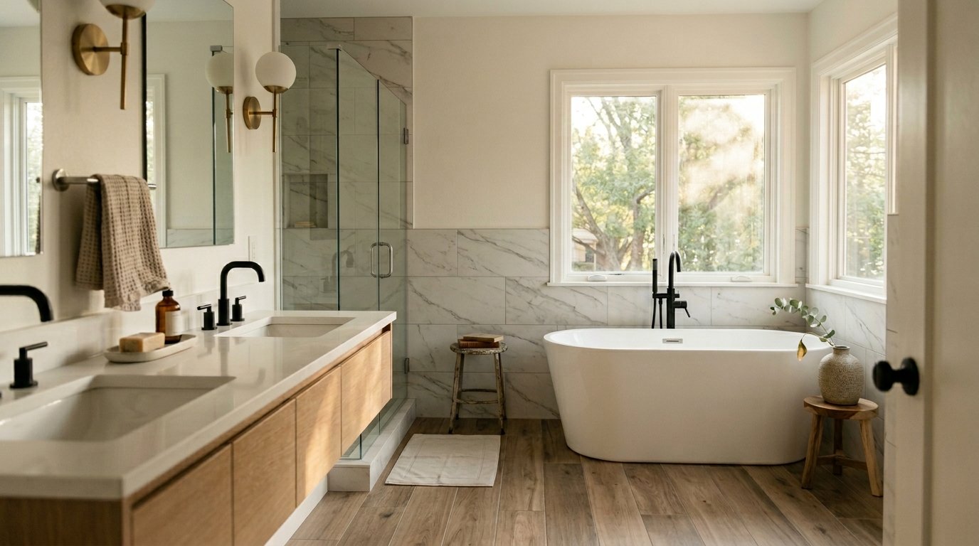 Finished primary bathroom remodel in DFW with a double white-oak vanity, freestanding tub, and walk-in glass shower