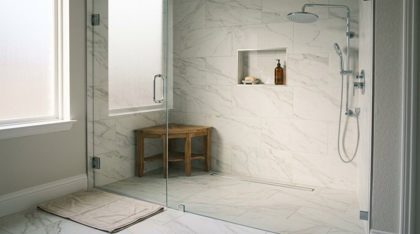 Curbless walk-in shower conversion with frameless glass, marble-look porcelain tile, and a teak bench