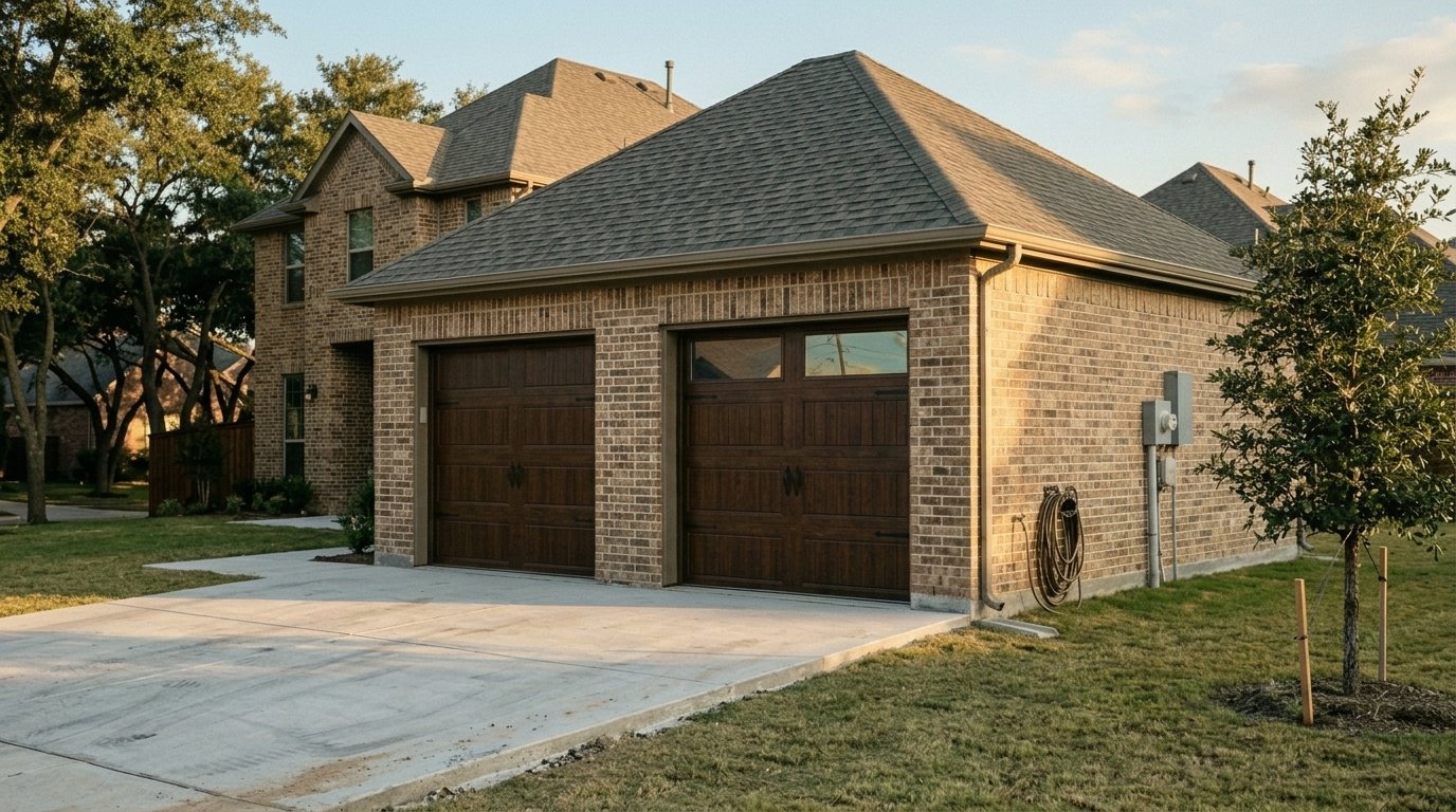 Newly built 2-car detached garage matched to a Dallas-Fort Worth home, built by UHS Remodeling