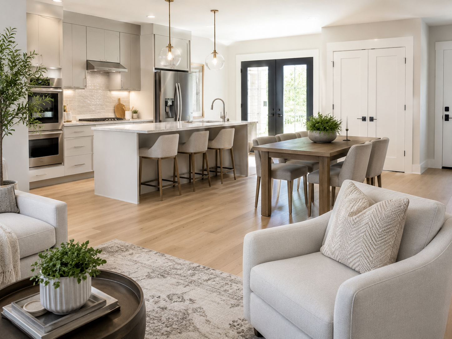Open kitchen, dining, and living space in a DFW in-law suite by UHS Remodeling