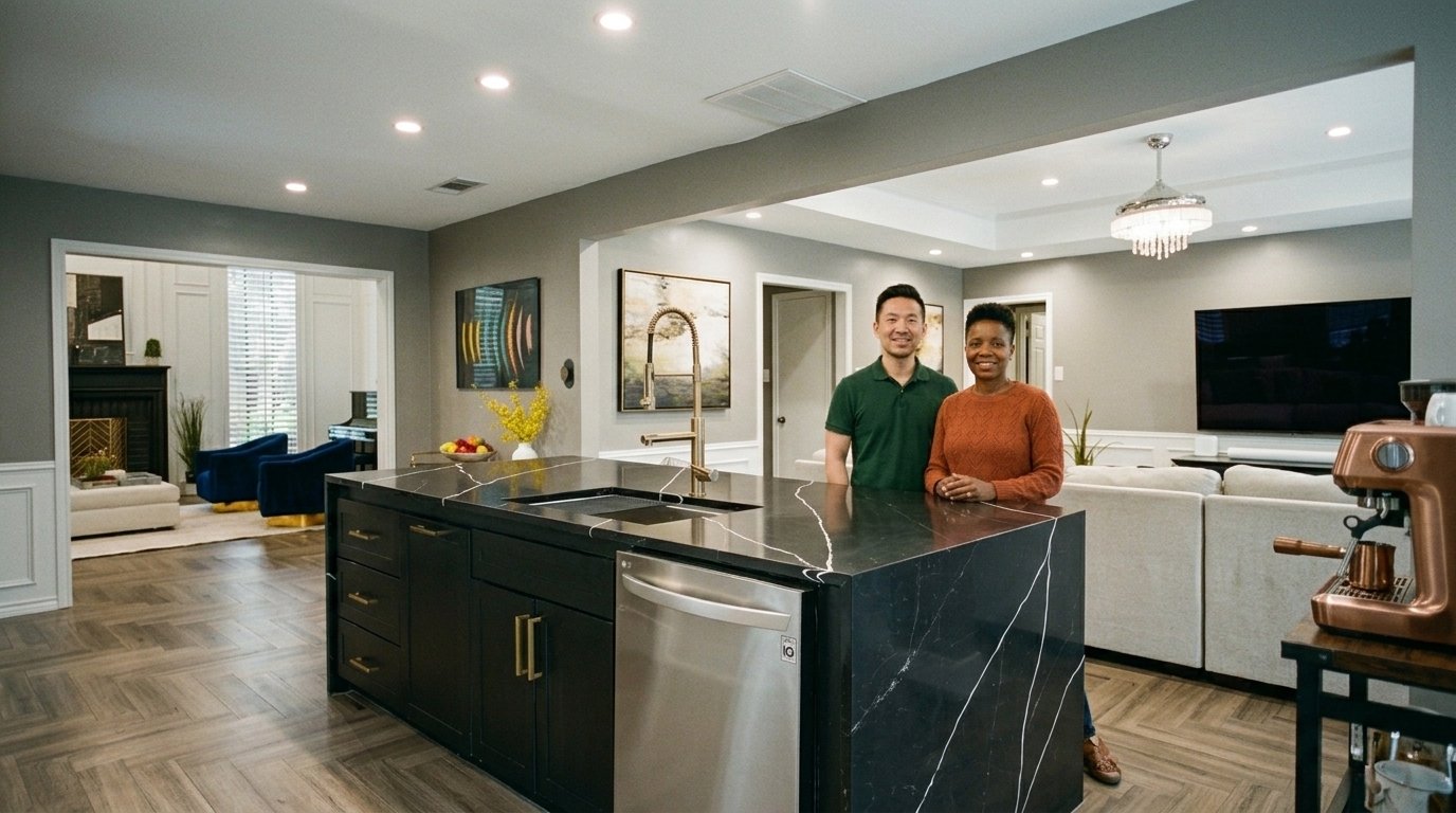 Open-concept kitchen remodel in Dallas-Fort Worth with a black waterfall marble island and brass fixtures by UHS Remodeling
