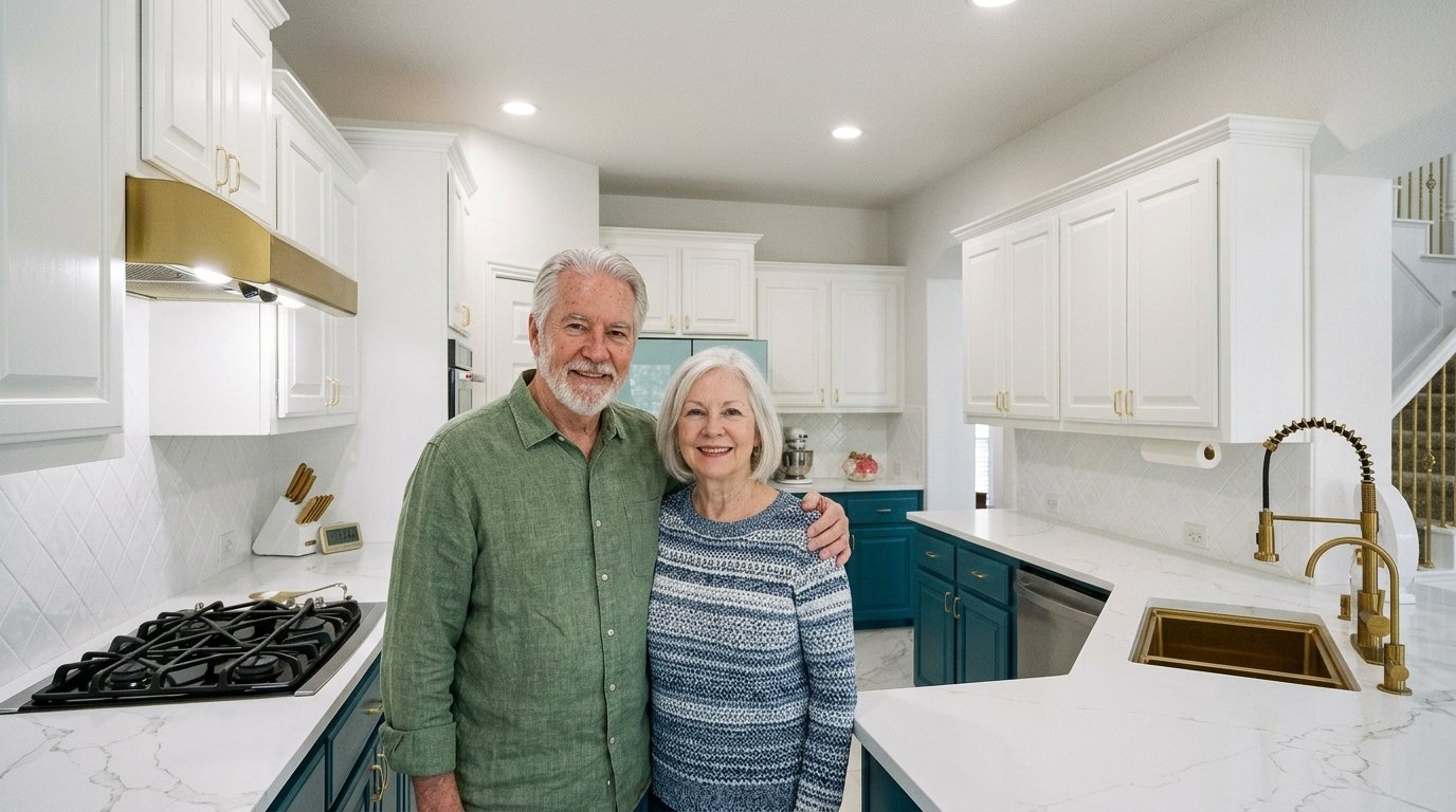 Two-tone kitchen remodel with white upper cabinets, teal lower cabinets, and marble waterfall counters in Dallas-Fort Worth by UHS Remodeling