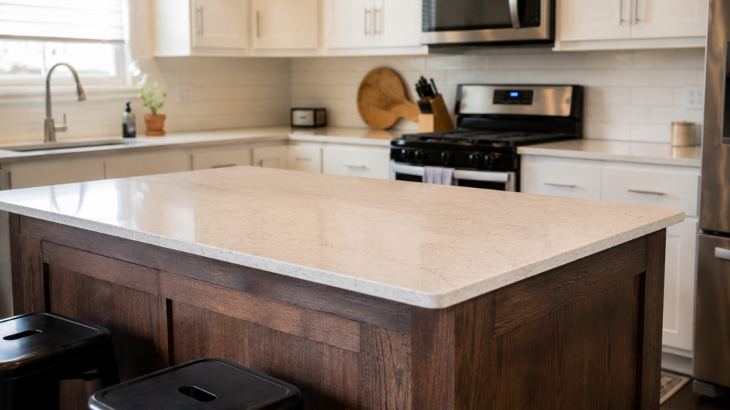 Stained-wood island with quartz countertop in a $30,000 Plano kitchen remodel by UHS Remodeling