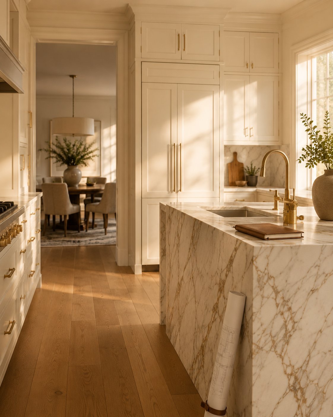 Marble kitchen with brass fixtures and an open dining room from a home remodel by UHS Remodeling in Dallas-Fort Worth