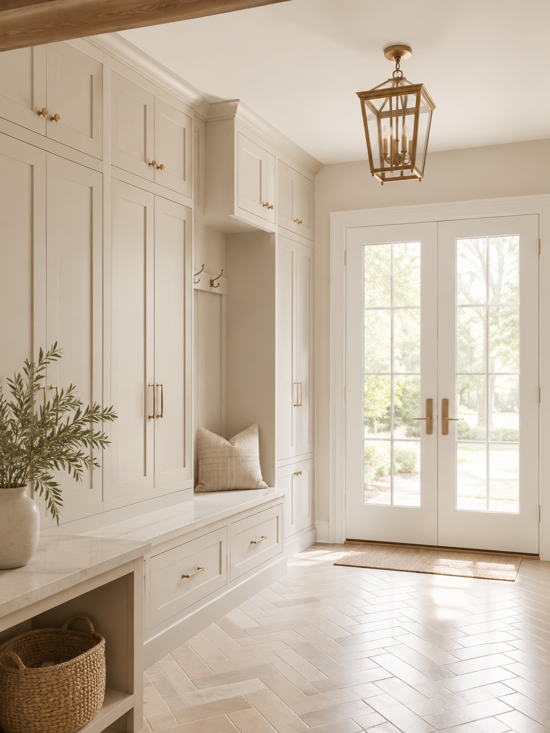 Bright white mudroom with a built-in bench and French doors to the yard in DFW by UHS Remodeling