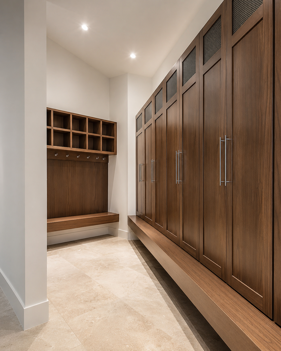 Walnut wood mudroom with full-height lockers in DFW