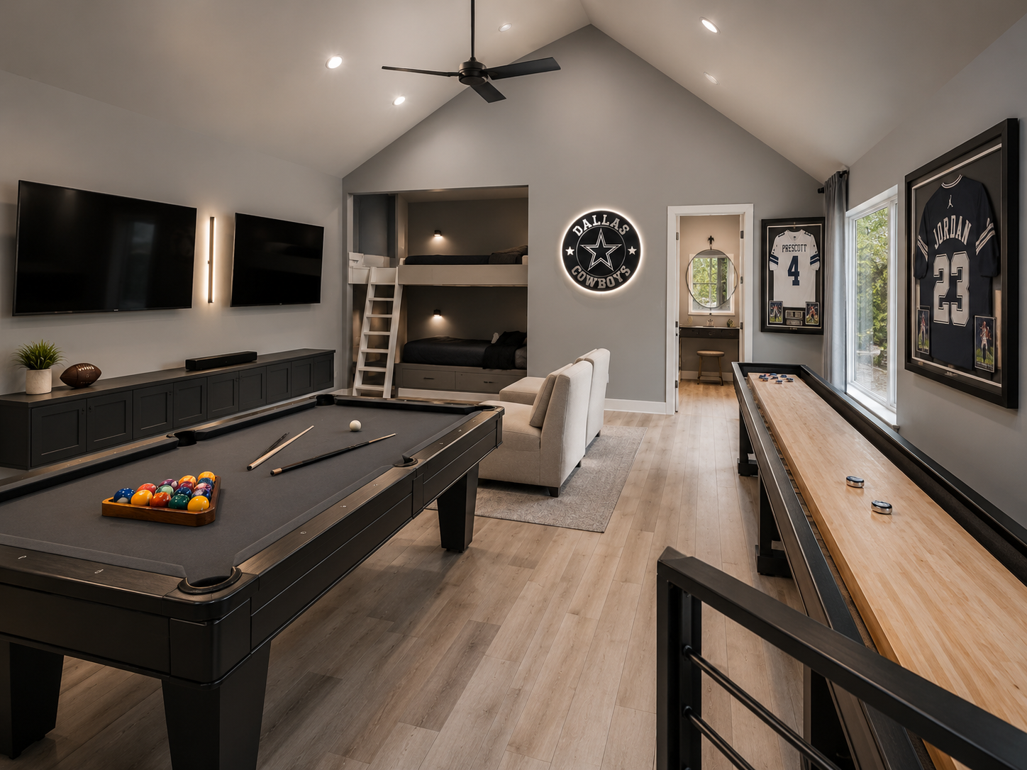 Finished upstairs game room and bonus space in a DFW second-story addition by UHS Remodeling