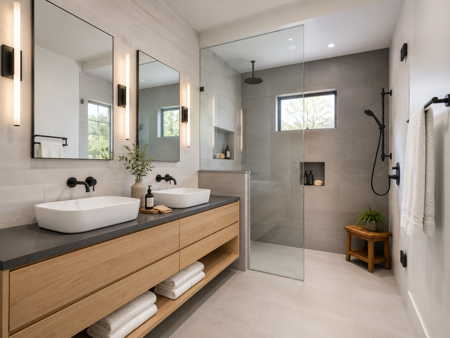 Accessible modern bathroom in DFW with a curbless walk-in glass shower, a double floating vanity, and a built-in bench
