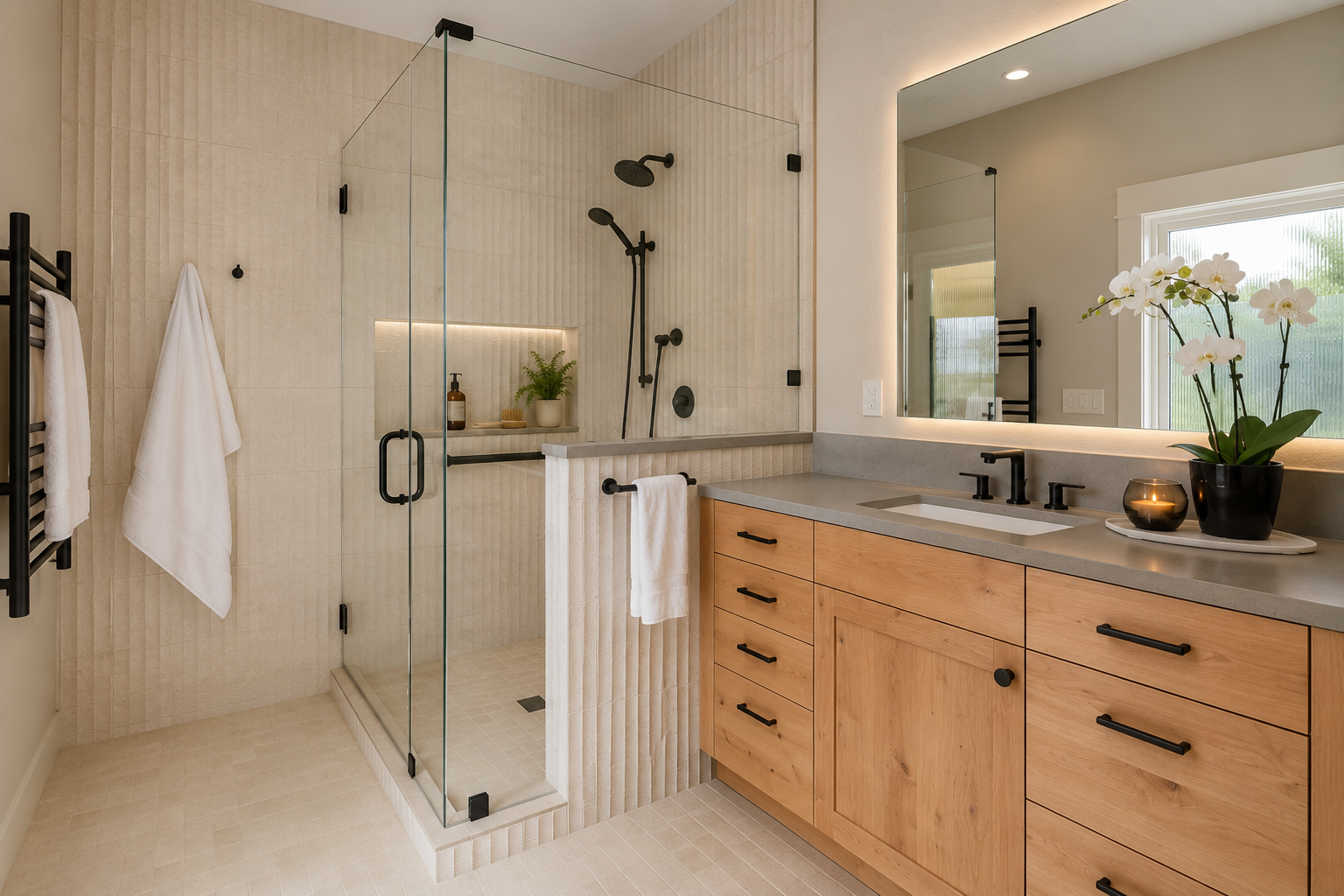 Accessible walk-in corner glass shower with a wood vanity in a Dallas-Fort Worth bathroom remodel