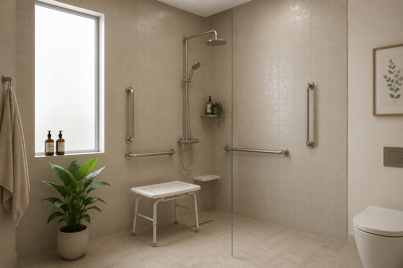 Curbless walk-in shower with grab bars, a fold-down bench, and a comfort-height toilet in a DFW aging-in-place bathroom