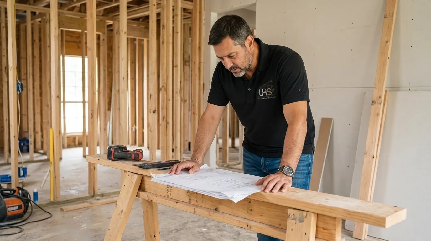 UHS Remodeling construction lead Daniel B. reviewing blueprints on a DFW job site