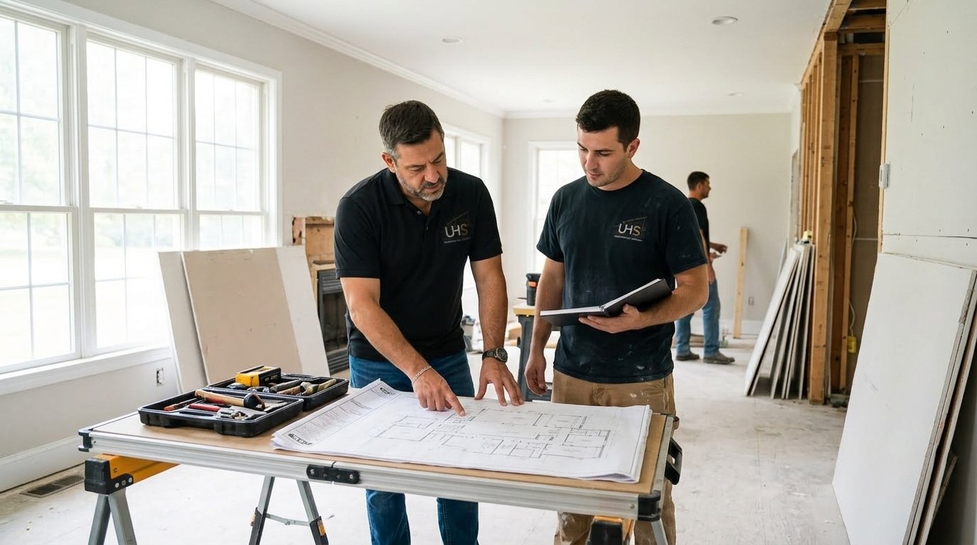 UHS Remodeling construction lead Daniel B. reviewing a renovation floor plan