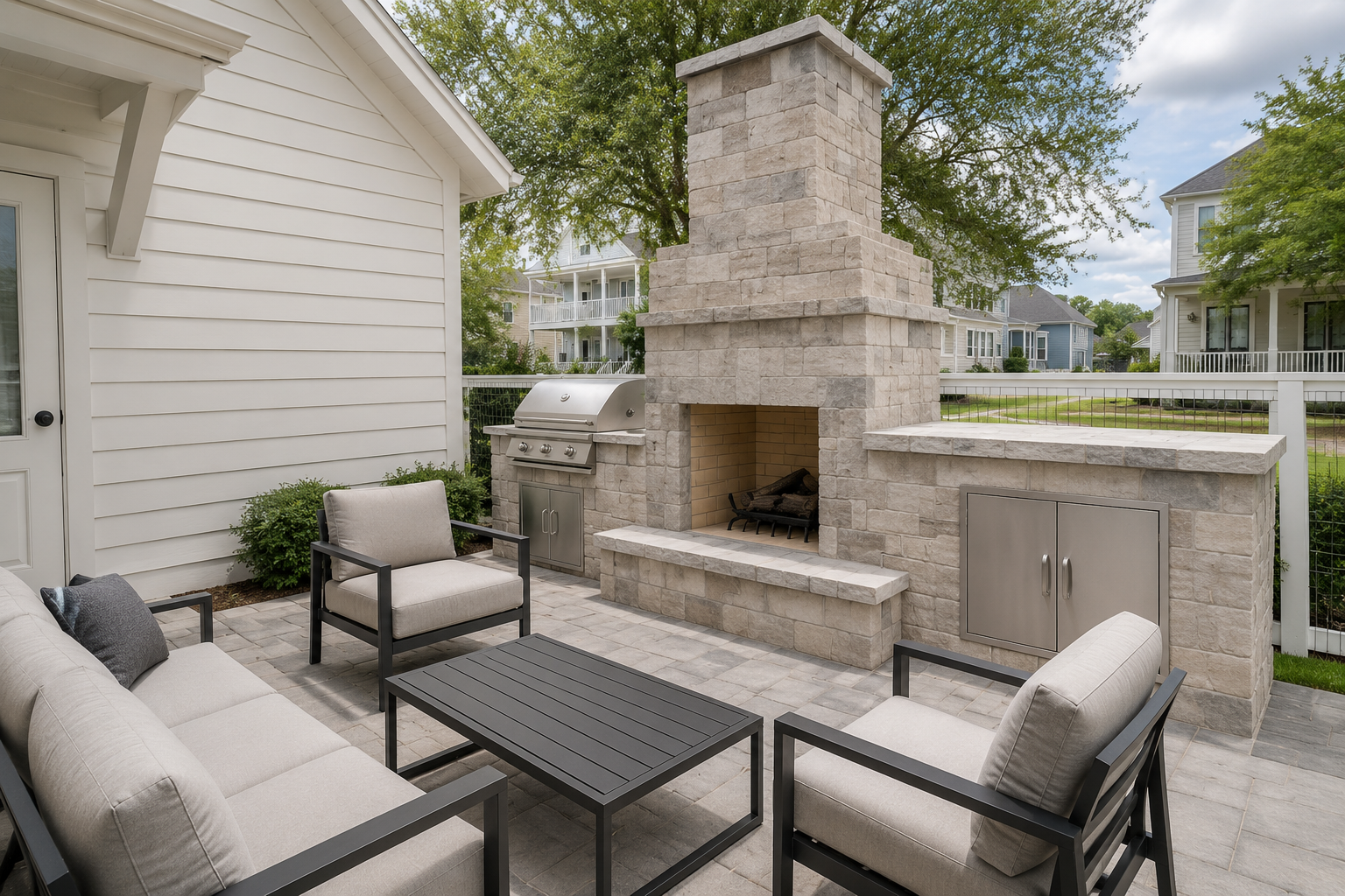Covered patio outdoor living area with a stone fireplace, a built-in grill, and lounge seating