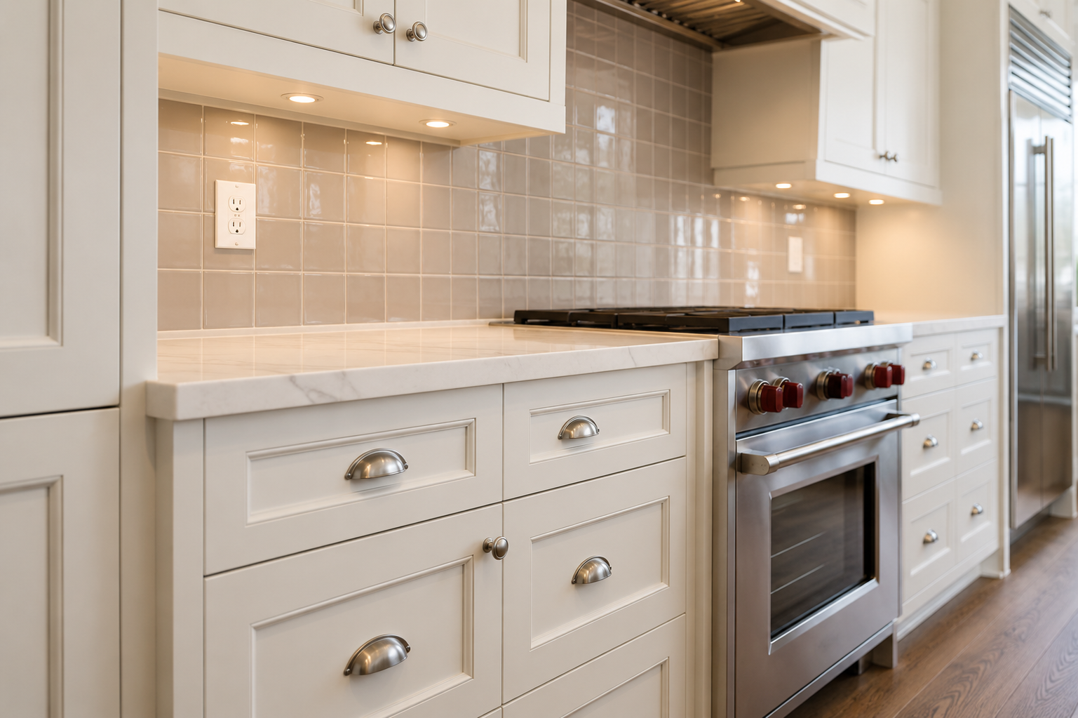 Cream shaker cabinets with cup pulls and a stainless range