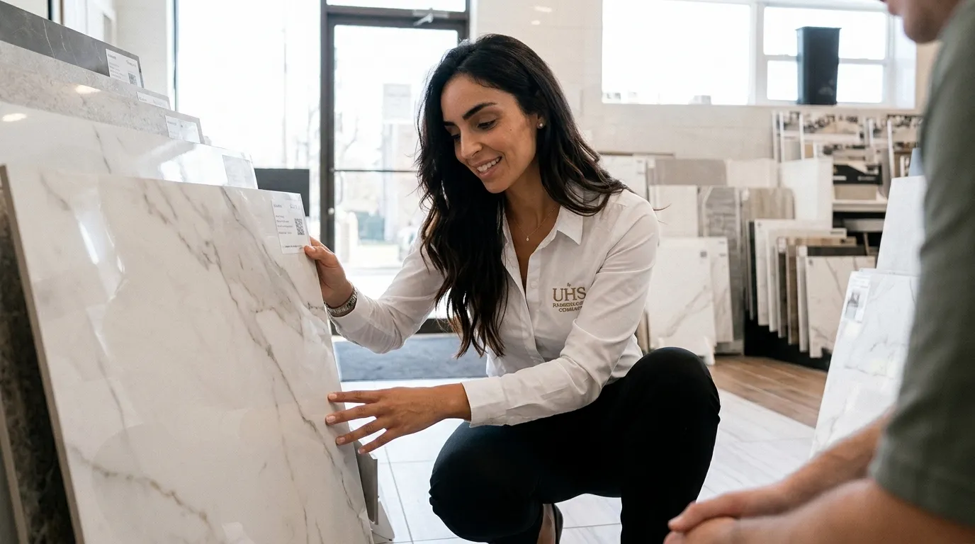 UHS Remodeling co-founder and design lead May N. reviewing porcelain tile finishes