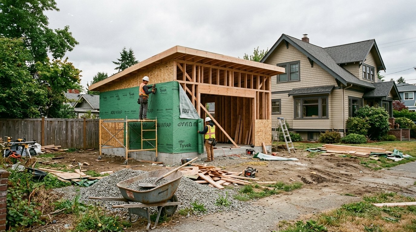 Detached guest house ADU addition under construction in DFW by UHS Remodeling
