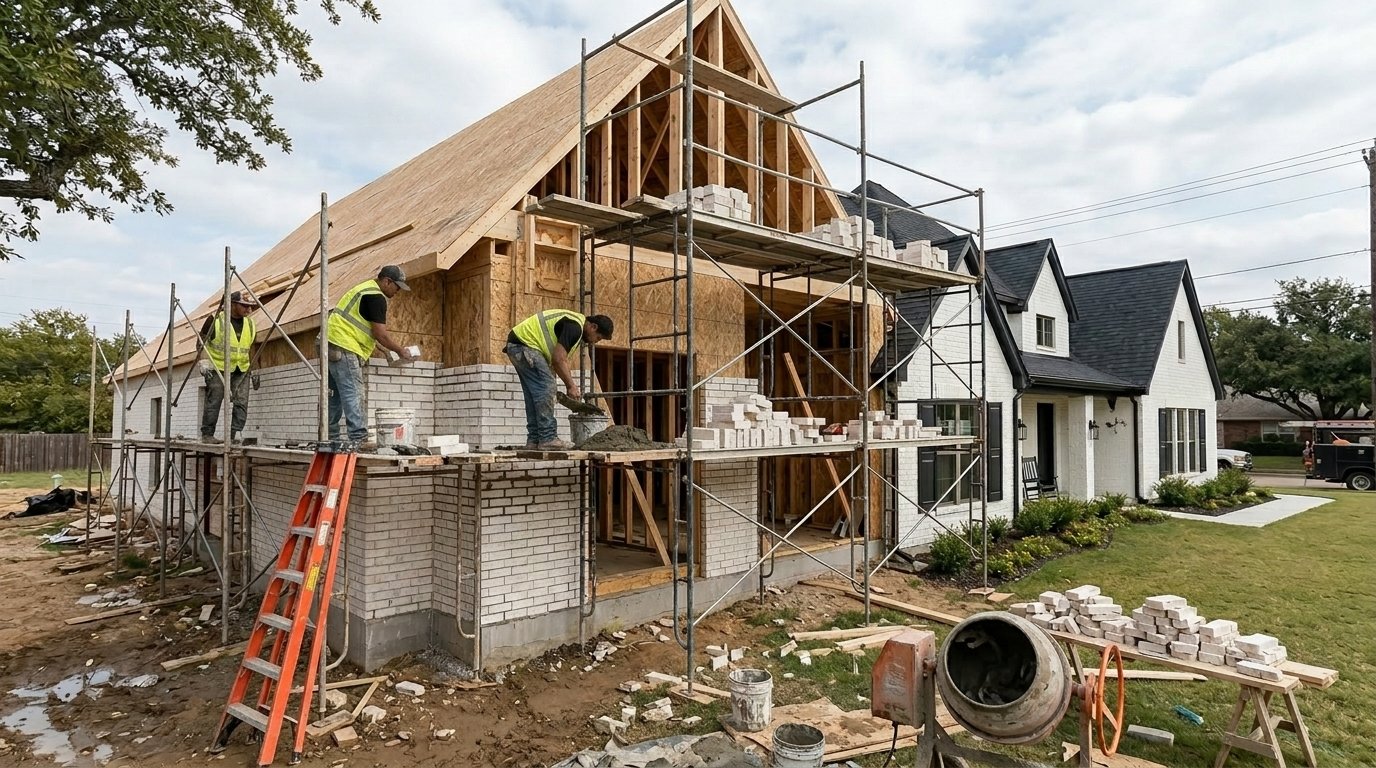 Masons laying brick veneer on a two-story home addition in DFW by UHS Remodeling