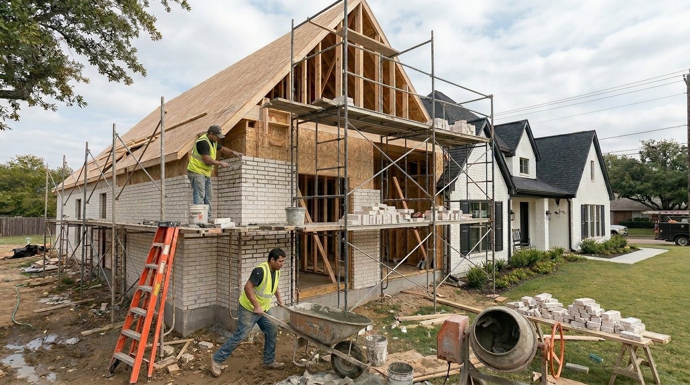 Two-story home addition under construction with white brick veneer and scaffolding in DFW by UHS Remodeling