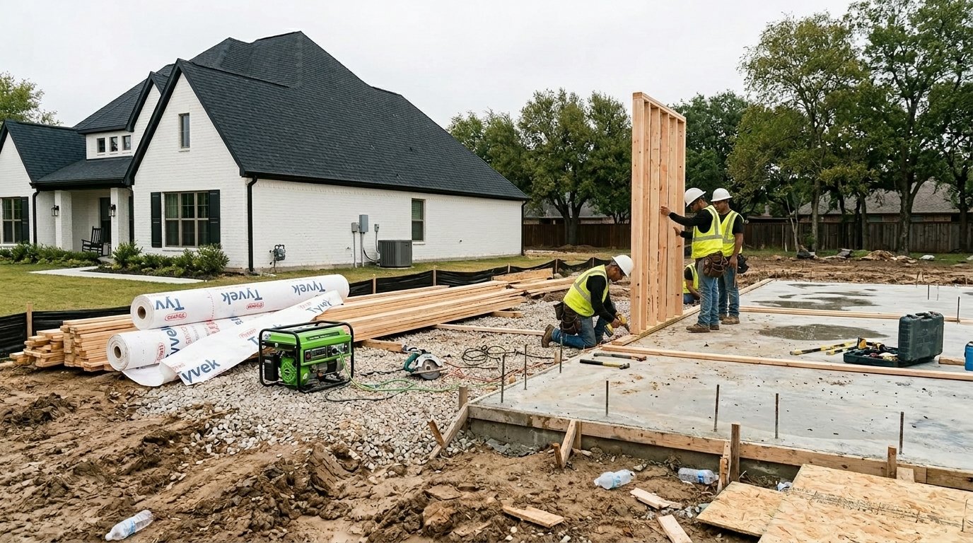 Home addition framing and foundation construction beside an existing DFW home by UHS Remodeling