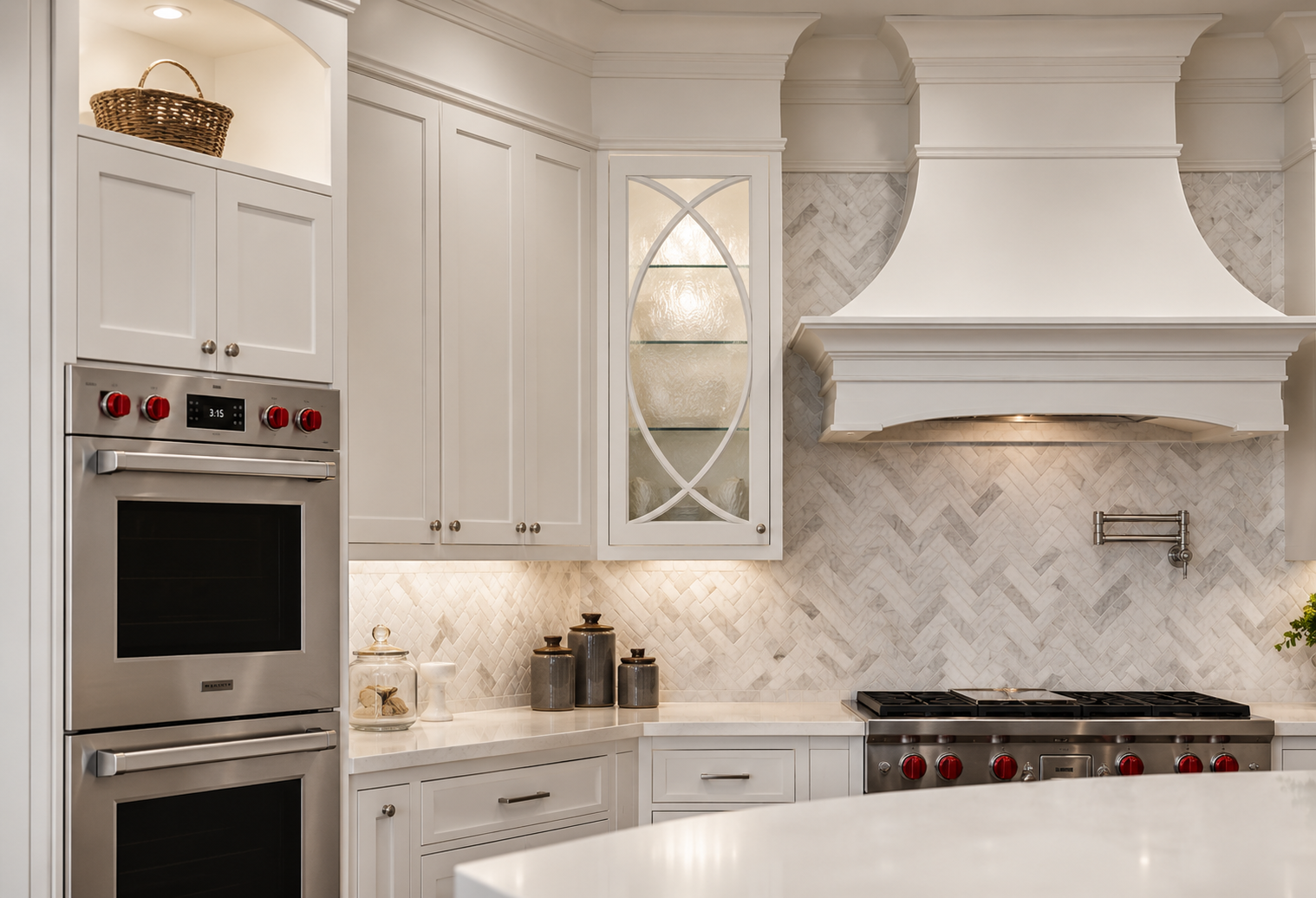 White inset cabinets with glass-front uppers and a herringbone marble backsplash