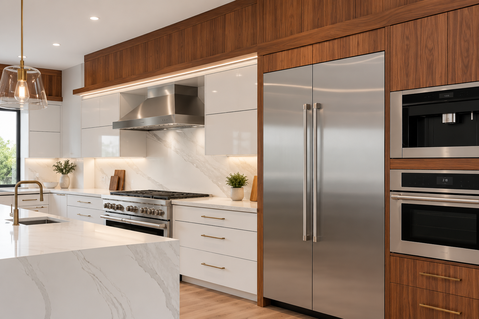 Modern two-tone kitchen with walnut and white flat-panel cabinets and a waterfall island