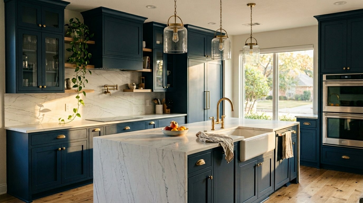 Navy Shaker kitchen with a marble waterfall island renovated by UHS Remodeling, home renovation contractors in Dallas-Fort Worth
