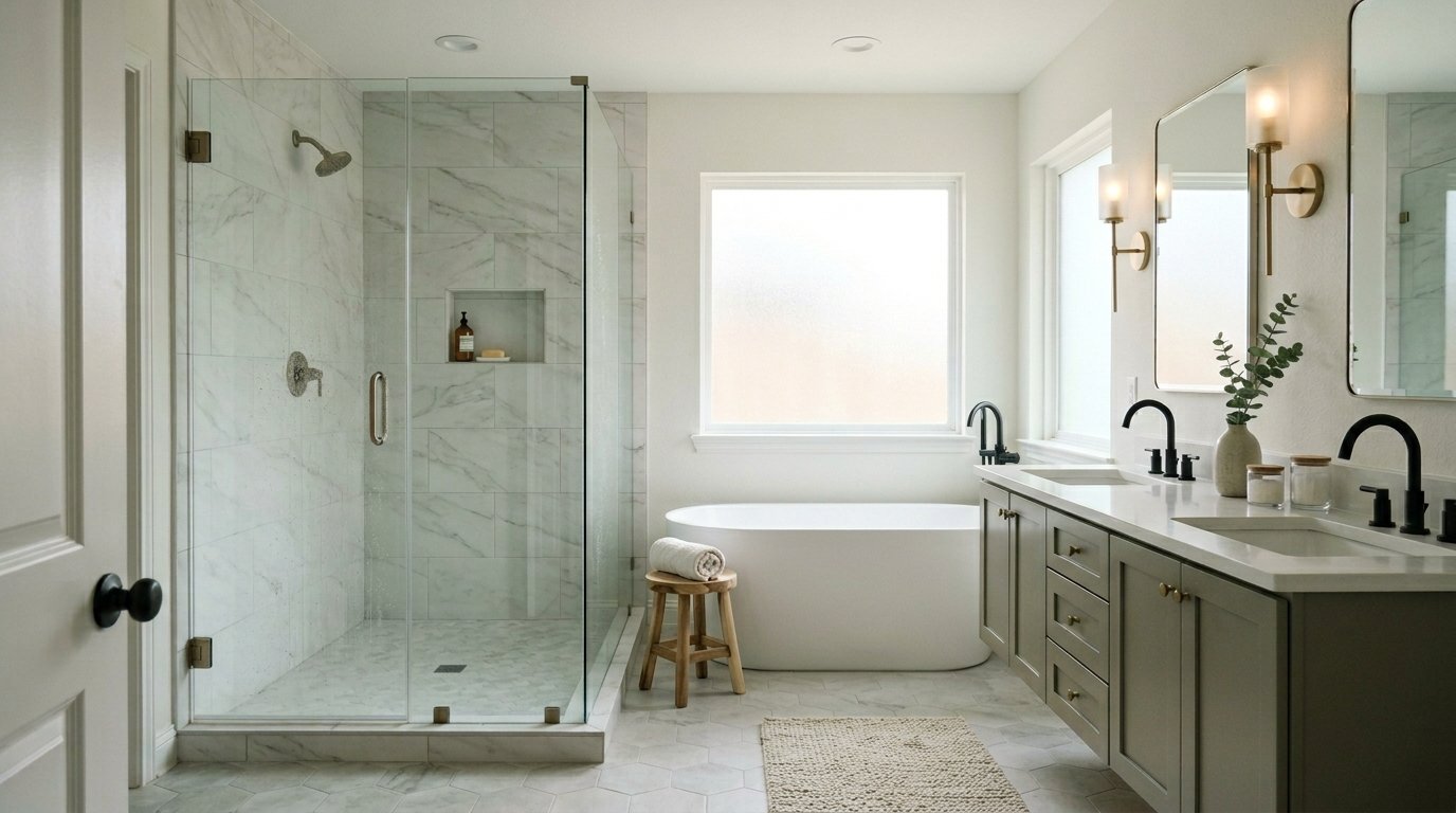 Primary bathroom remodel with a glass walk-in shower and freestanding tub by UHS Remodeling in Frisco, TX