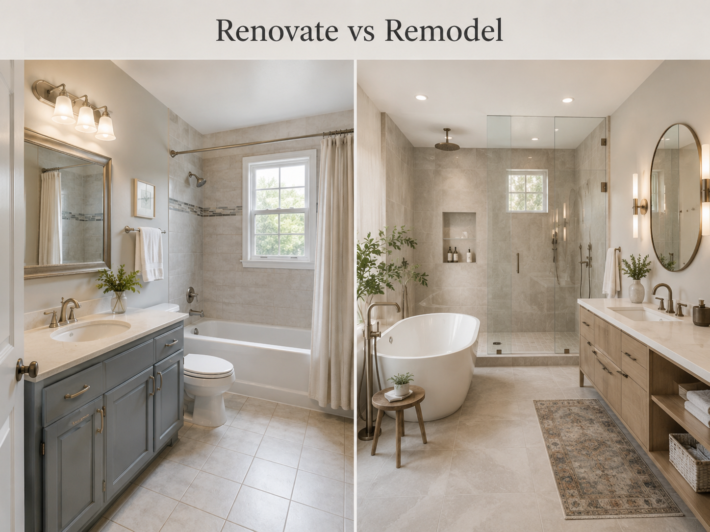 Side-by-side comparison of a renovated bathroom versus a remodeled spa bathroom with a walk-in shower