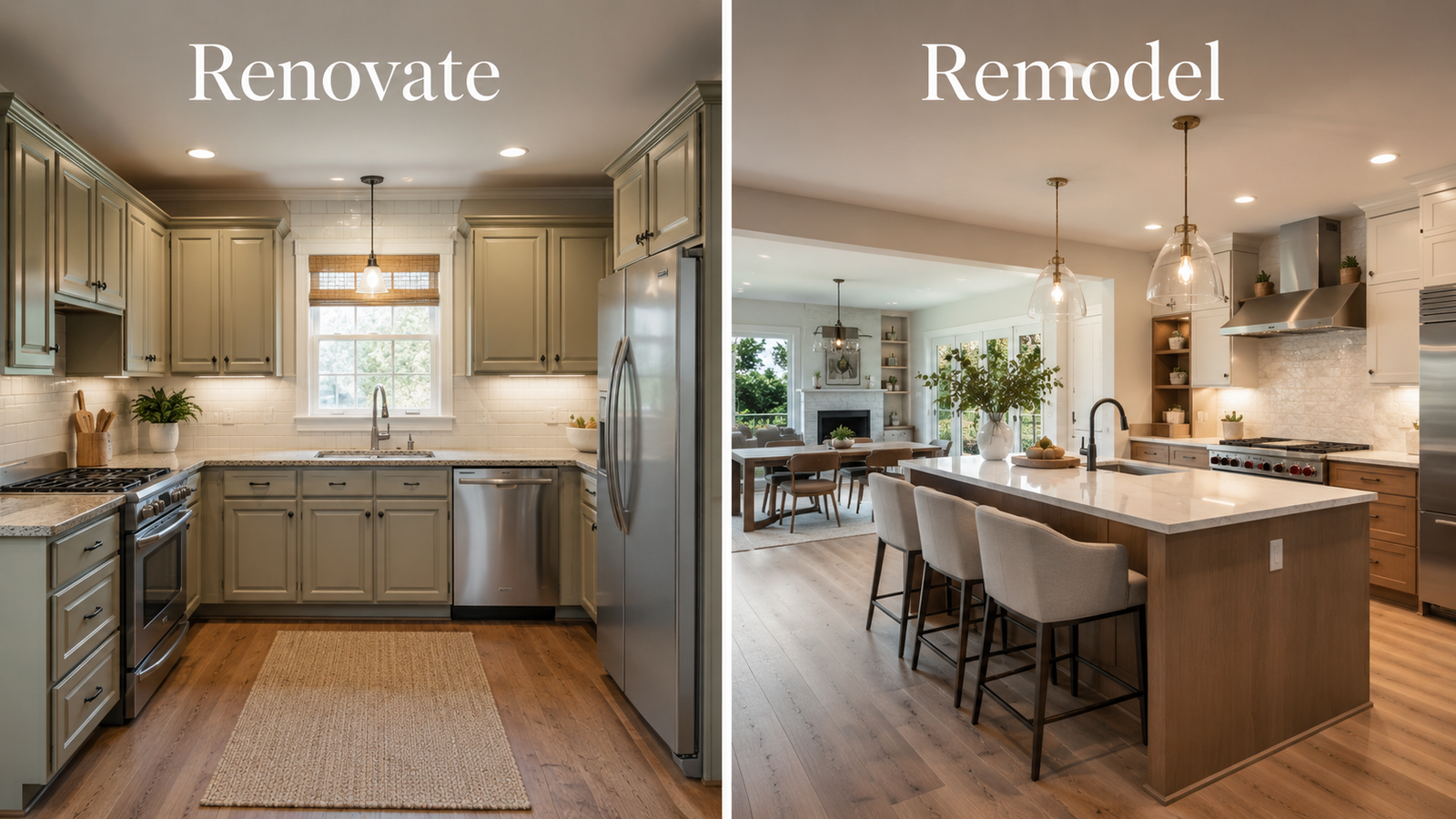 Side-by-side comparison of a renovated kitchen versus a fully remodeled open-concept kitchen
