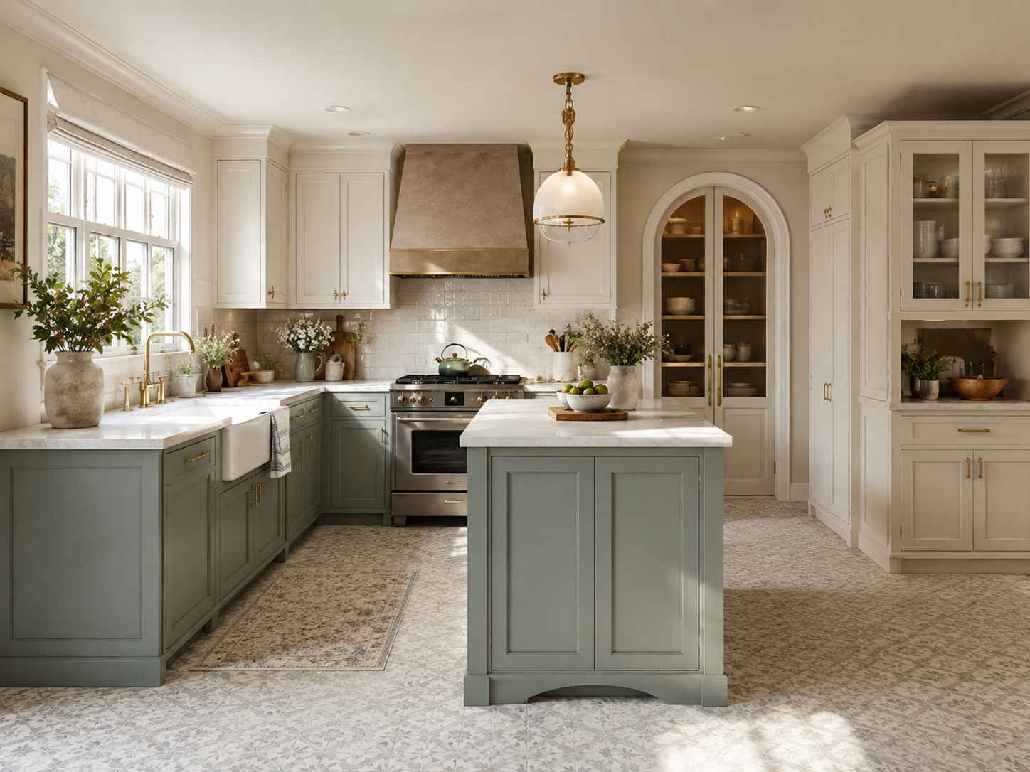 Soft sage-green kitchen with marble counters and an arched cabinet, a quiet-luxury trend