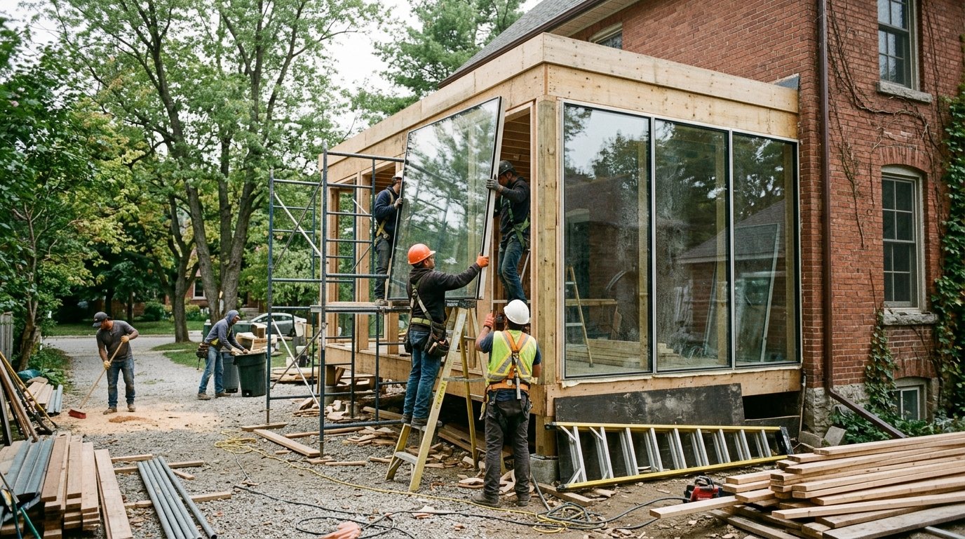 Glass sunroom addition being installed on a brick home in DFW by UHS Remodeling