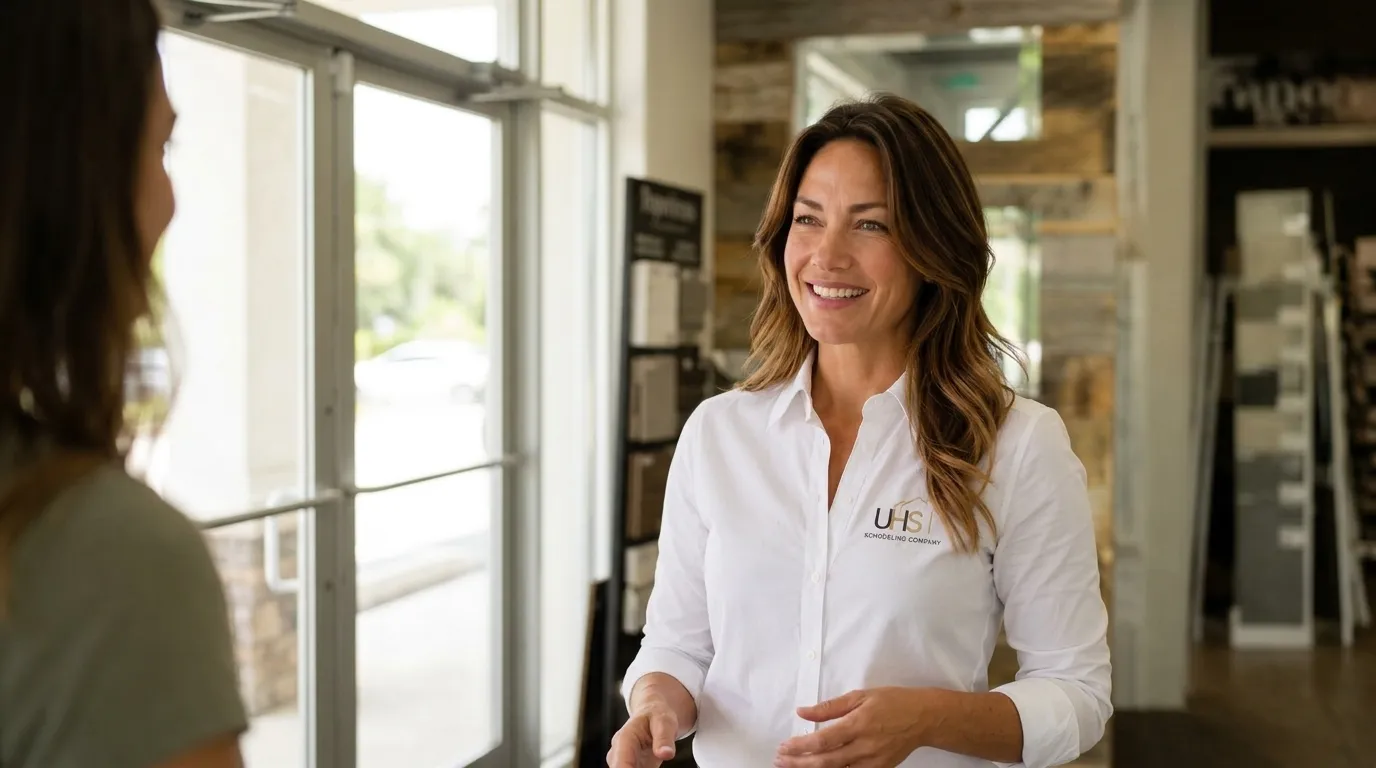 Stephanie M., Office Manager at UHS Remodeling, welcoming a client at a design consultation